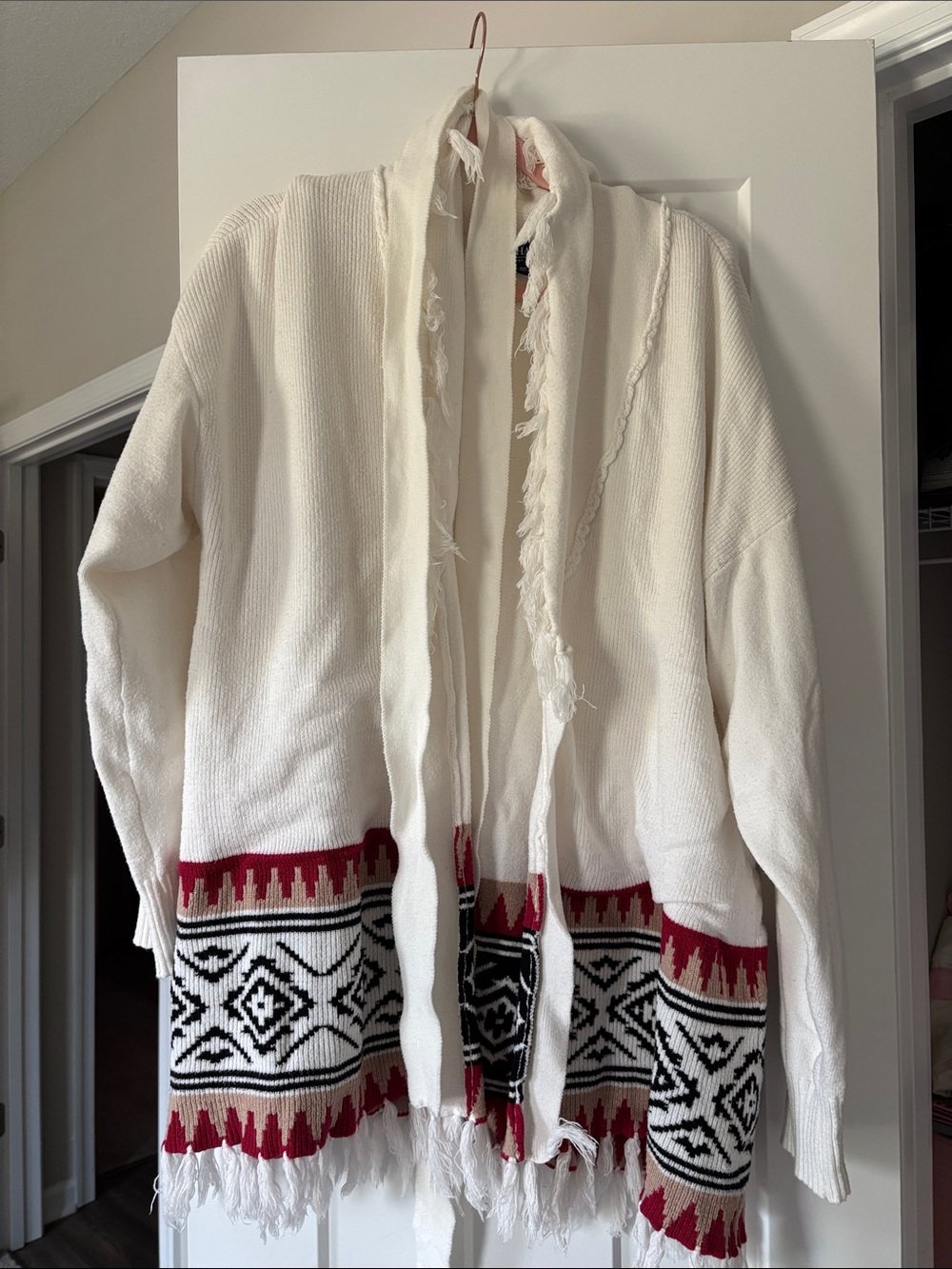 Chaps Cream Open-Front Teddy Jacket with Red & Black Trim